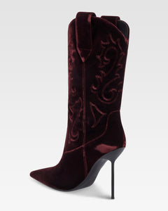 Boots in pinot noir velvet.