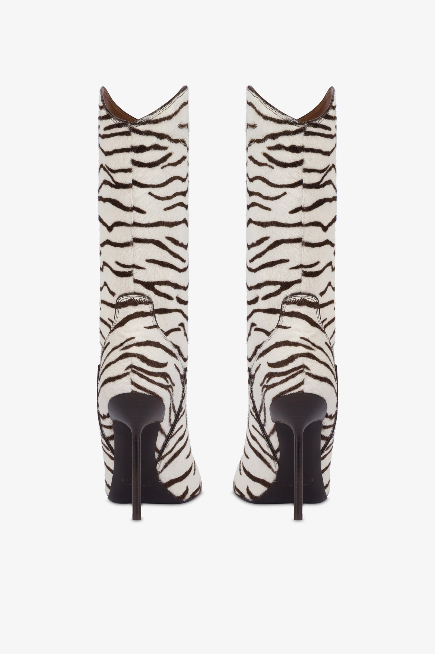 Stiefel aus weissem und tiefschwarzem bedrucktem Rindsleder.