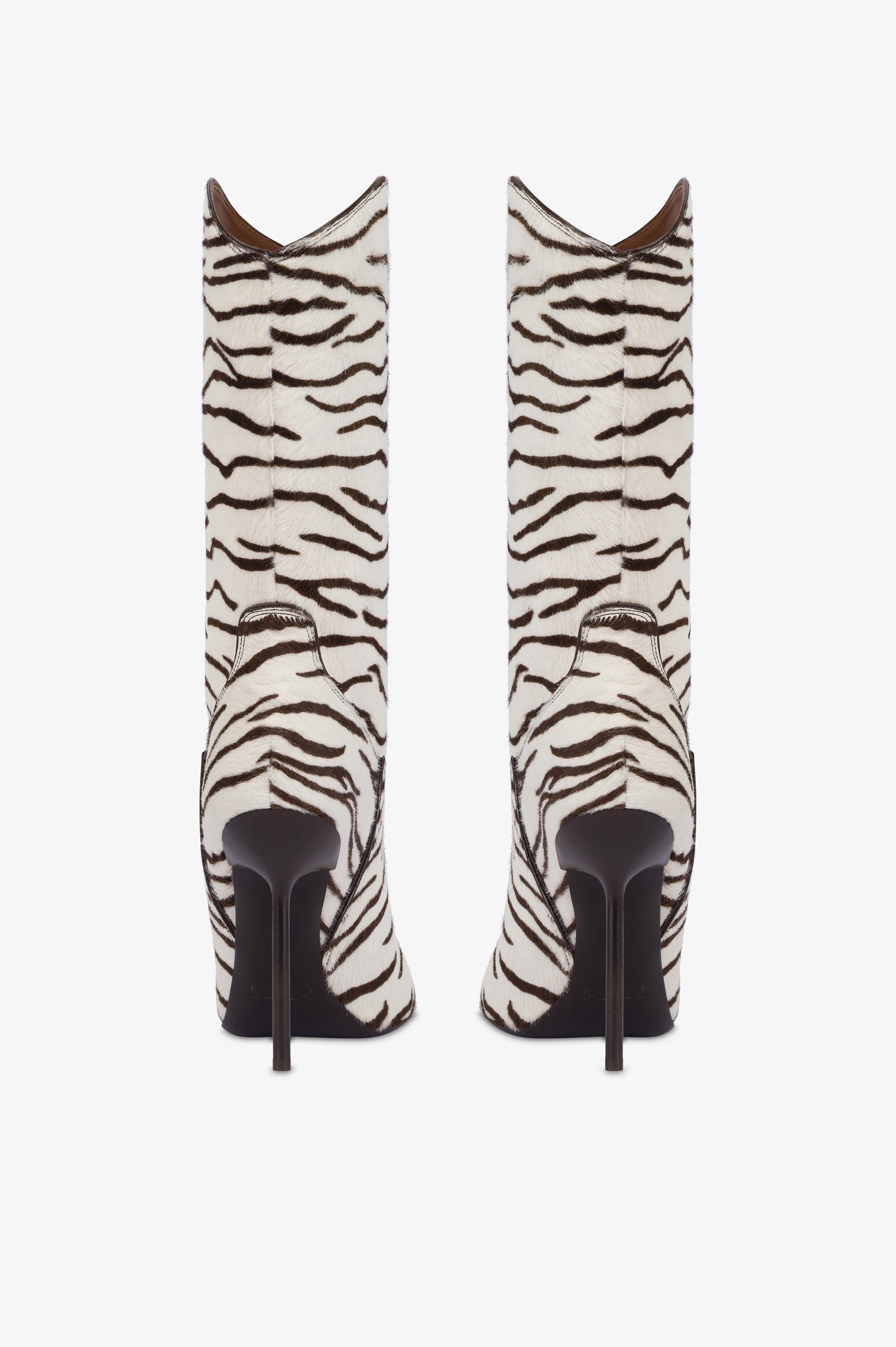 Stiefel aus weissem und tiefschwarzem bedrucktem Rindsleder.
