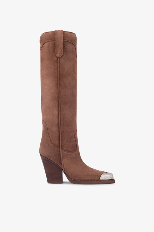 Bottes texanes en cuir suede de veau couleur marron fonce