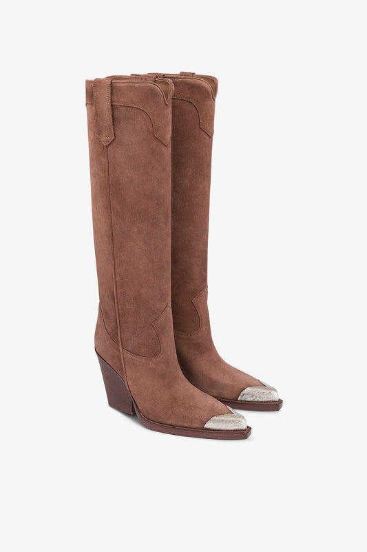 Bottes texanes en cuir suede de veau couleur marron fonce