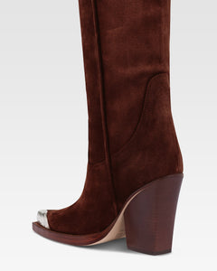 Bottes texanes en cuir suede de veau couleur acajou