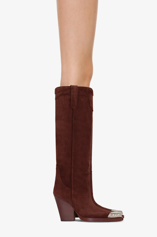 Bottes texanes en cuir suede de veau couleur acajou
