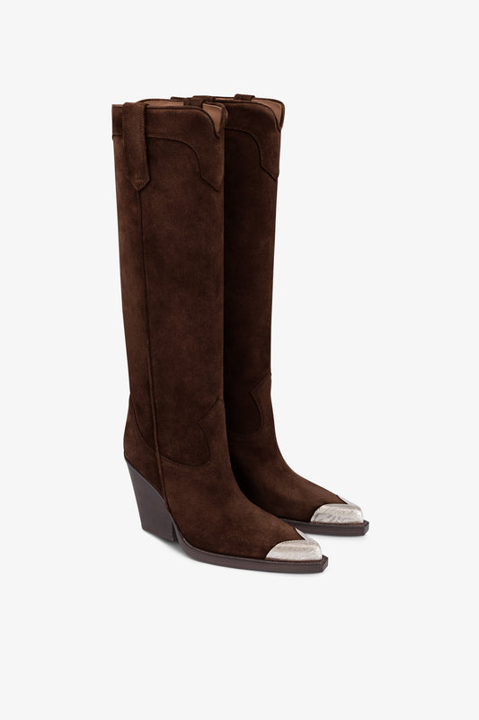 Bottes texanes en cuir de veau suede couleur chocolat