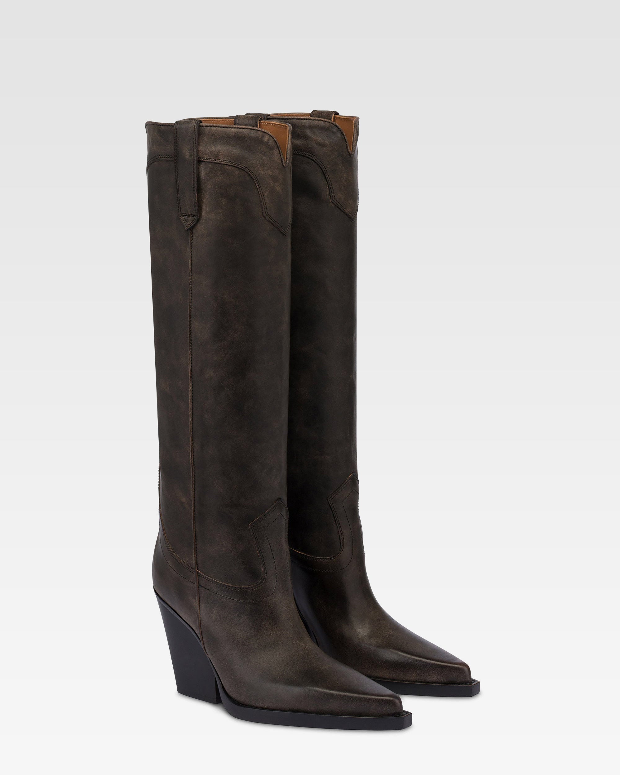 Texanische Stiefel aus schwarzem Leder mit Vintage-Effekt.