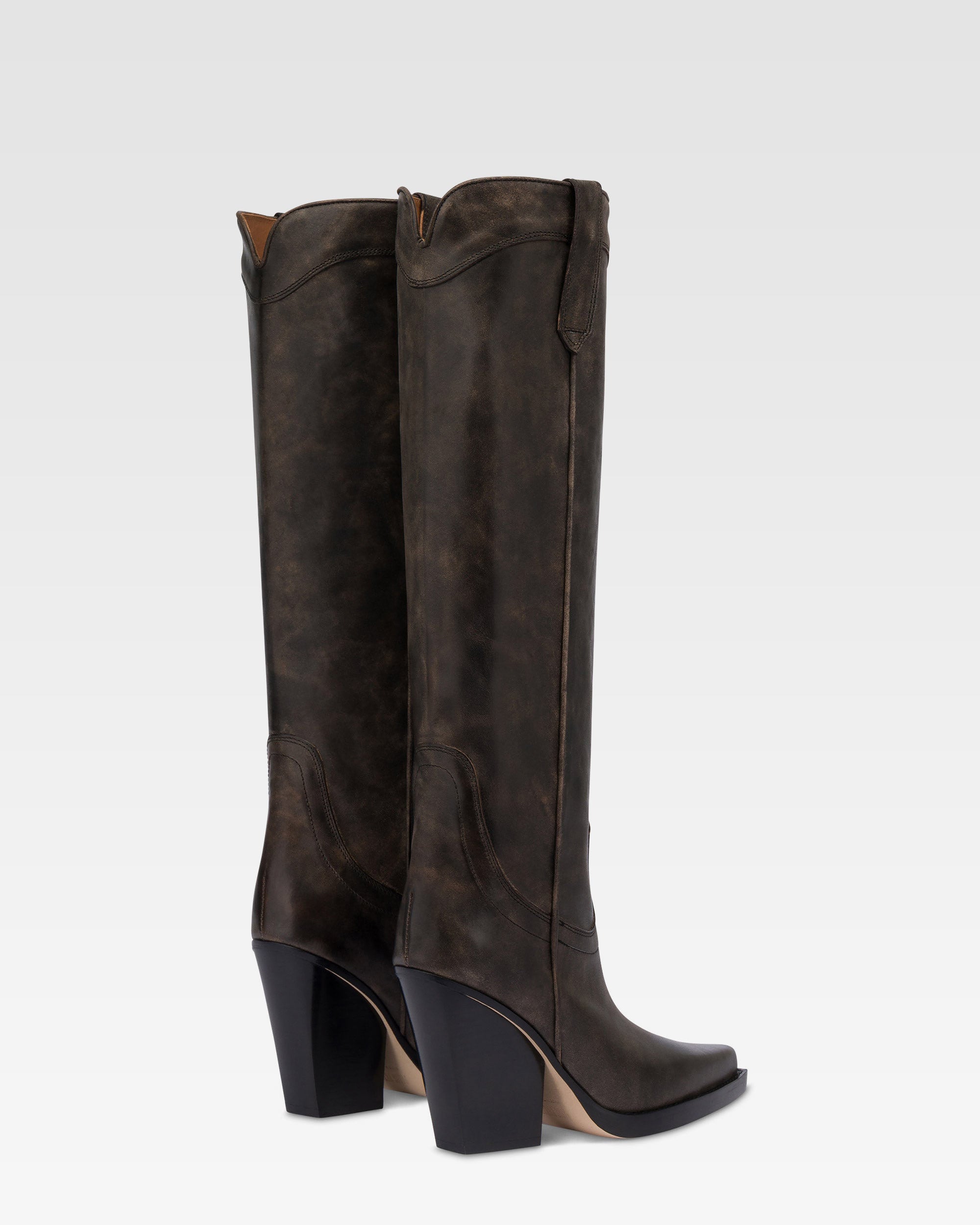 Texanische Stiefel aus schwarzem Leder mit Vintage-Effekt.