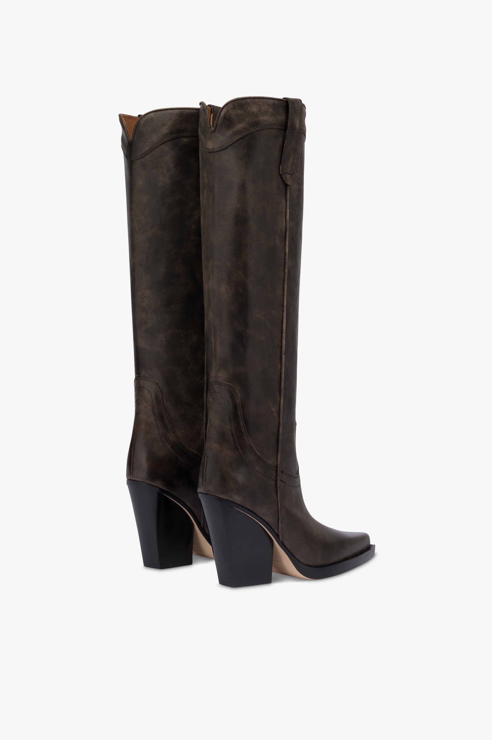 Texanische Stiefel aus schwarzem Leder mit Vintage-Effekt.