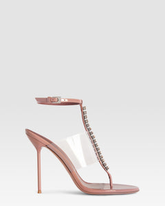 T-strap sandals in Texas rose patent leather with stud detailing