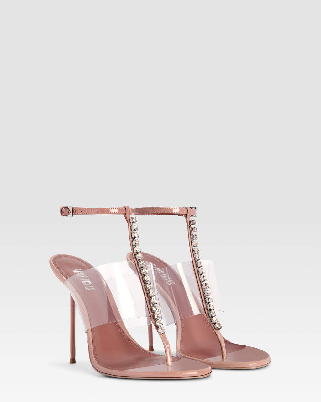 T-strap sandals in Texas rose patent leather with stud detailing