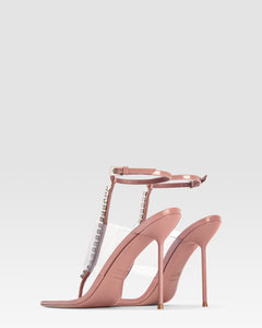T-strap sandals in Texas rose patent leather with stud detailing