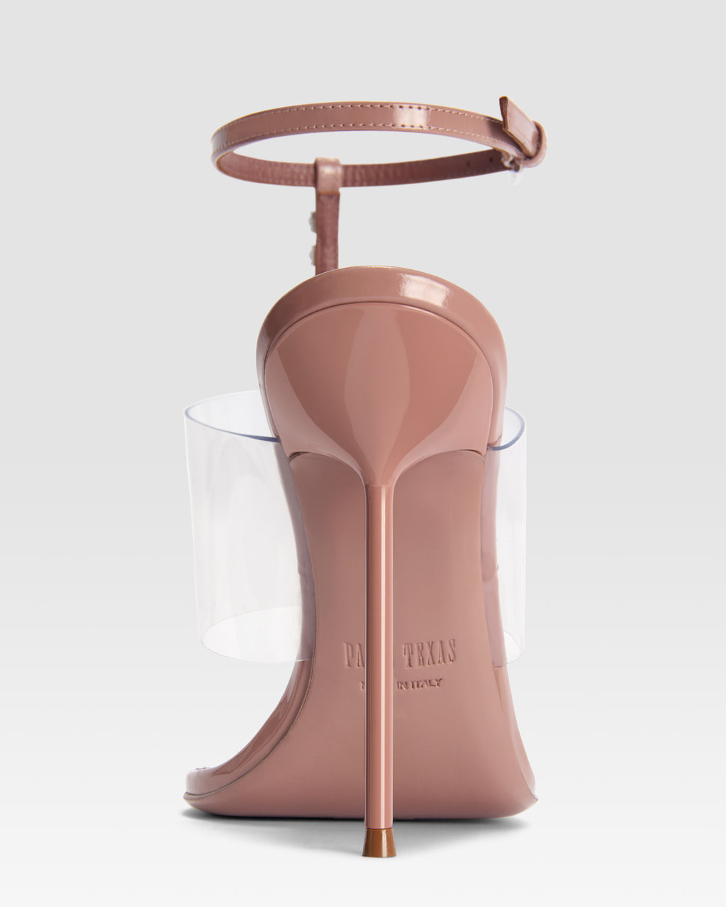 T-strap sandals in Texas rose patent leather with stud detailing