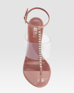 T-strap sandals in Texas rose patent leather with stud detailing