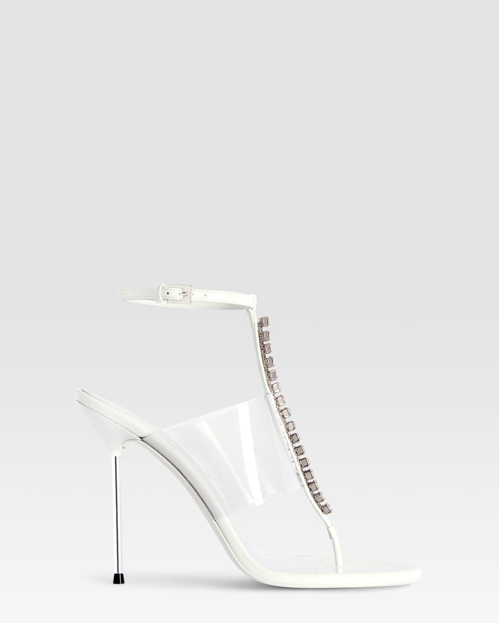 T-strap sandals in optic white patent leather with stud detailing