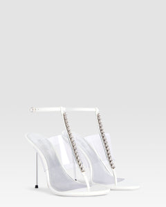 T-strap sandals in optic white patent leather with stud detailing