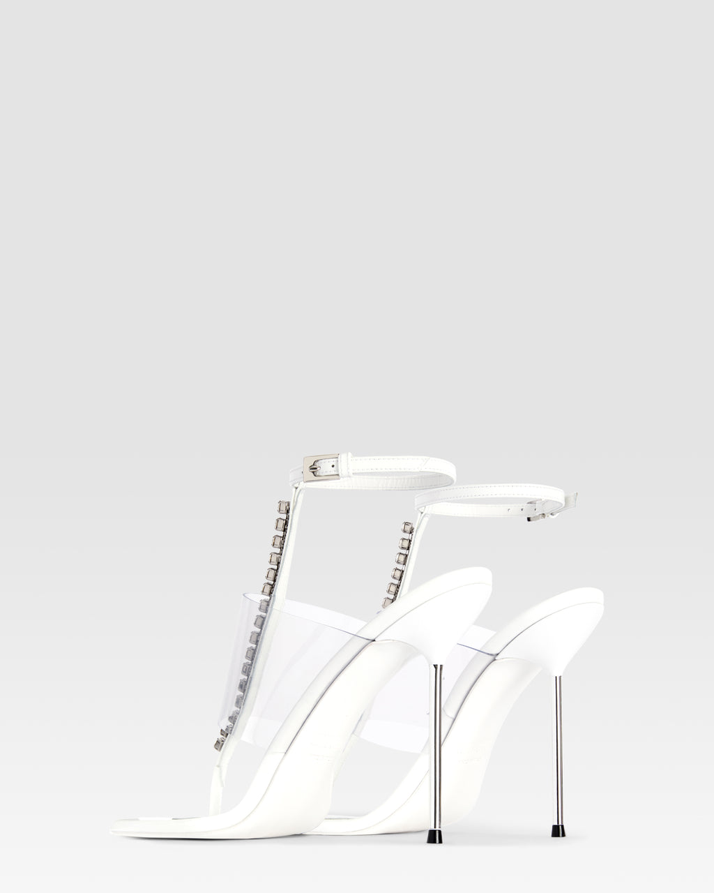 T-strap sandals in optic white patent leather with stud detailing