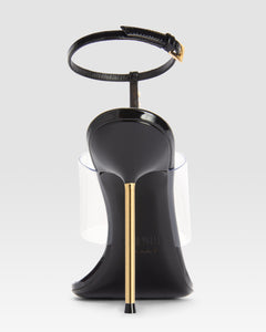 T-strap sandals in black patent leather with stud detailing