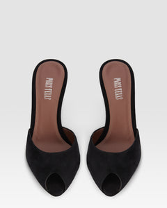 Pantoletten mit offener Spitze aus schwarzem Kalbsveloursleder