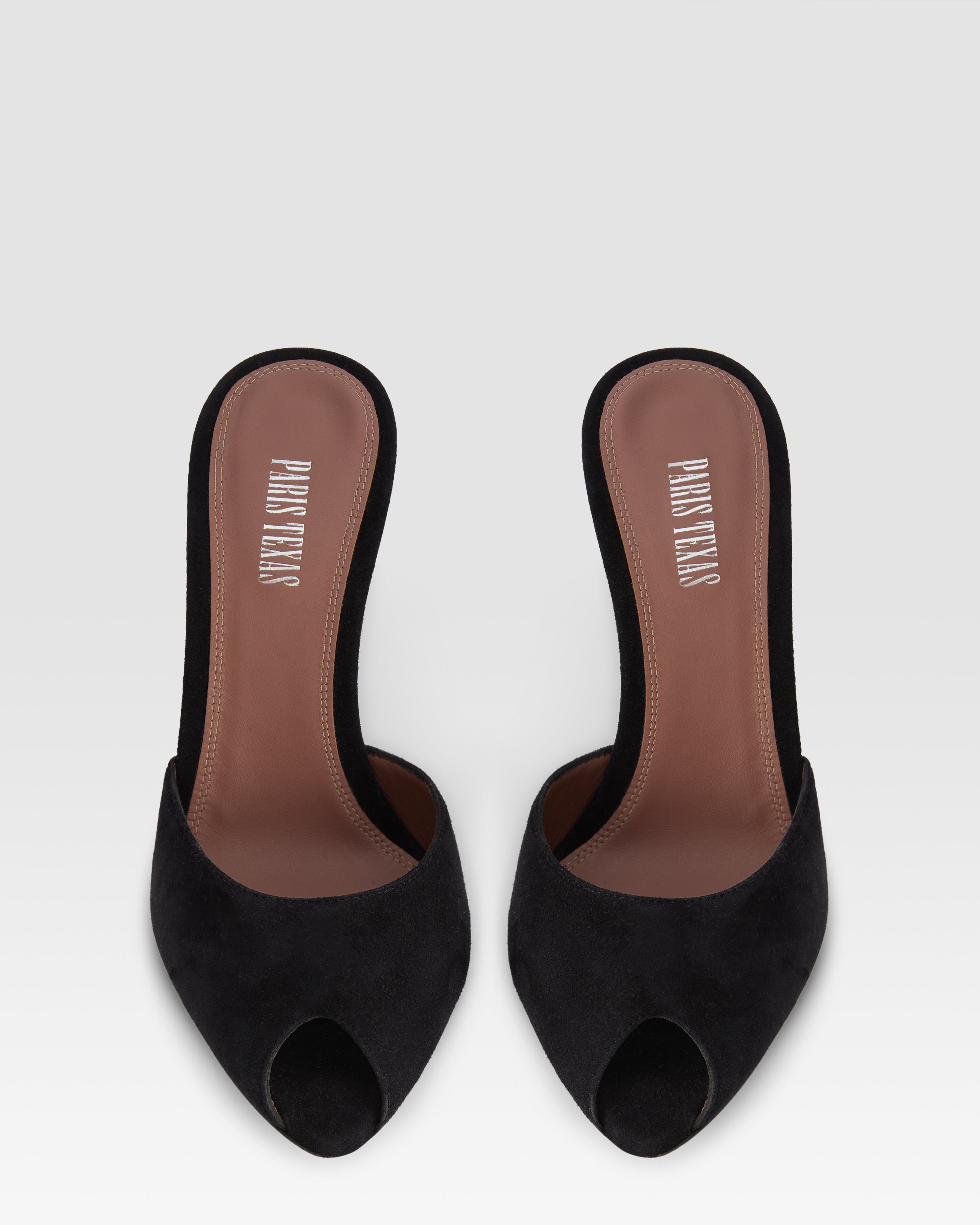 Pantoletten mit offener Spitze aus schwarzem Kalbsveloursleder