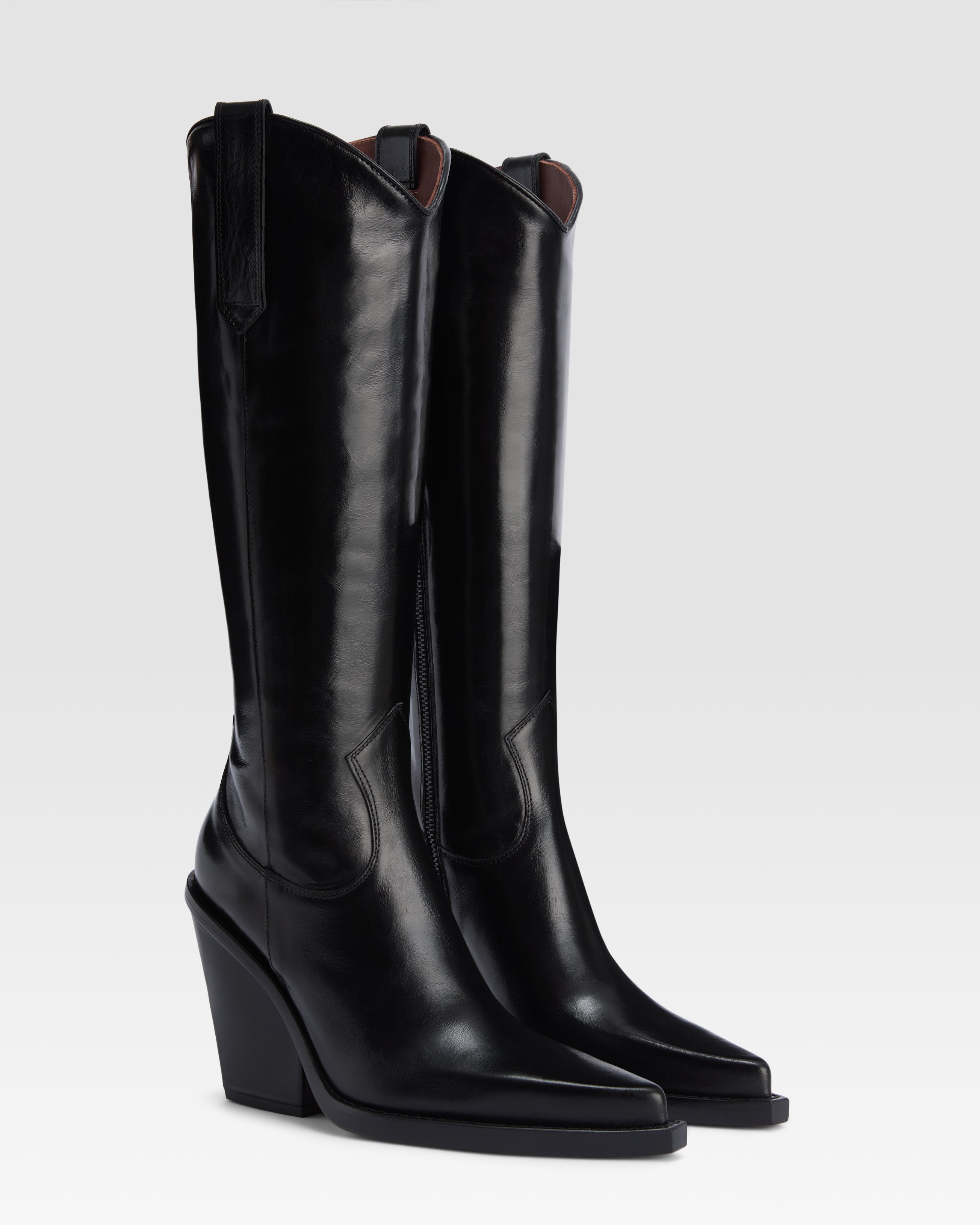 Bottes de cowboy en cuir de veau noir brillant