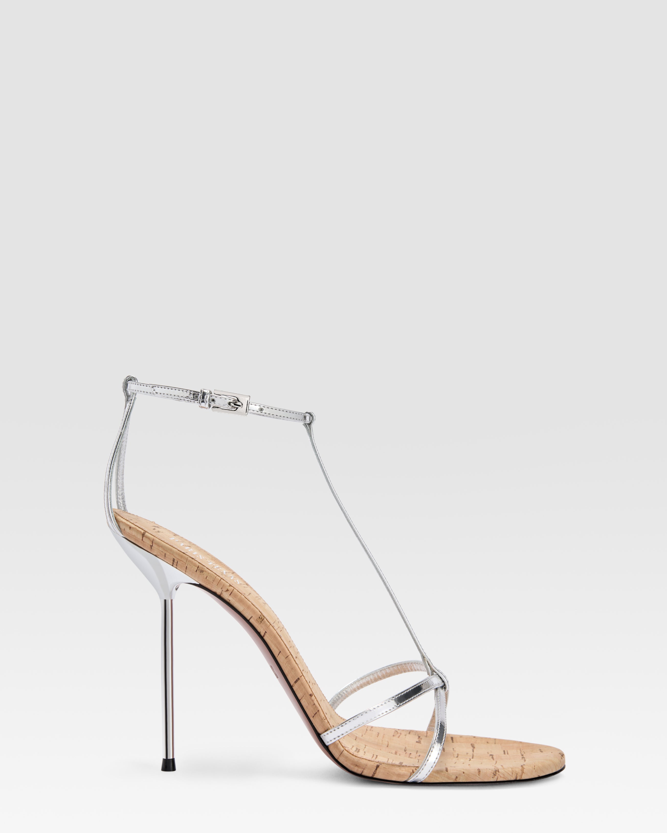 SANDALIA T-STRAP EN PIEL METALIZADA Y CORCHO