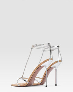 SANDALIA T-STRAP EN PIEL METALIZADA Y CORCHO