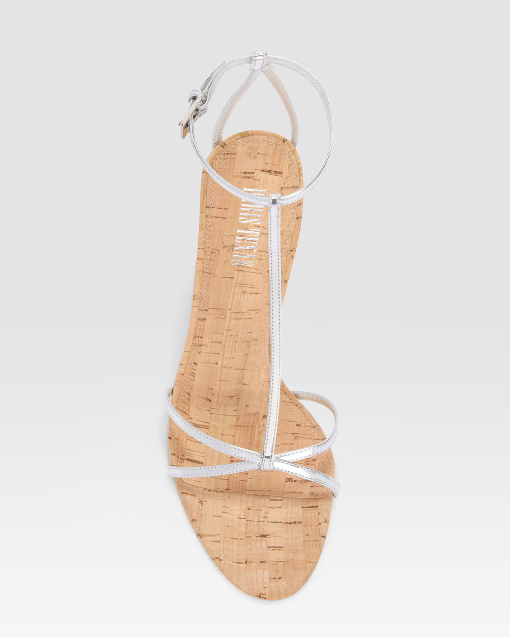 SANDALIA T-STRAP EN PIEL METALIZADA Y CORCHO