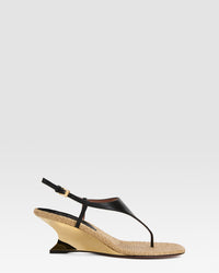SANDALE AUS NAPPA UND RAFFIA — BLACK-GOLD
