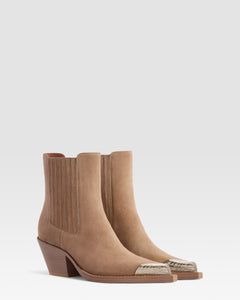 VELOURSLEDER WESTERN ANKLE BOOT MIT METALLKAPPE
