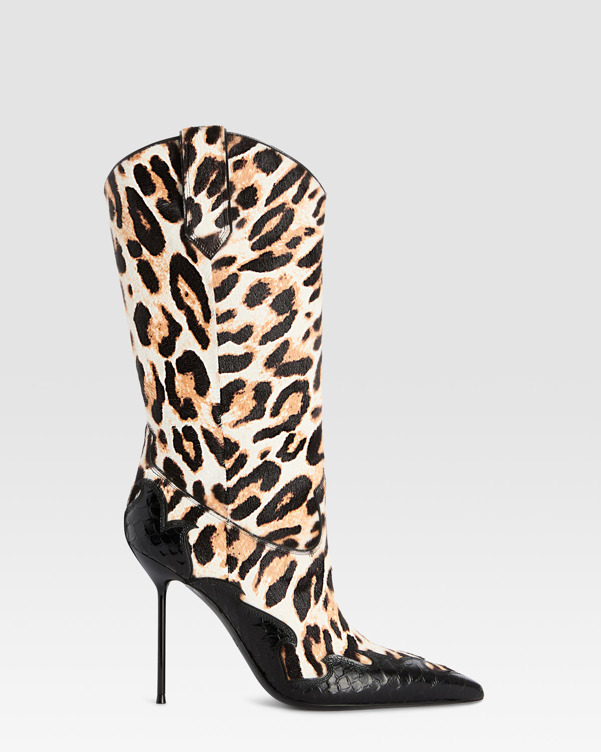 LEOPARD-PRINT HAIRCALF BOOT WITH CUT-OUT EMBROIDERY AND HEART INLAYS