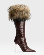 BOTTE EN CUIR IMPRIME CROCO AVEC BANDE EN FOURRURE DOUCE