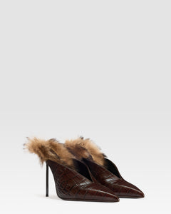 KROKO-PRINT LEDER SABOT MIT SHEARLING-EINSATZ