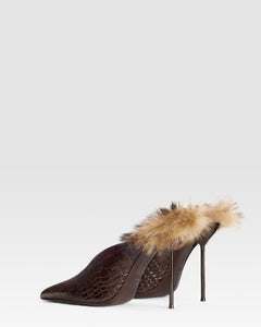 KROKO-PRINT LEDER SABOT MIT SHEARLING-EINSATZ