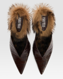 KROKO-PRINT LEDER SABOT MIT SHEARLING-EINSATZ