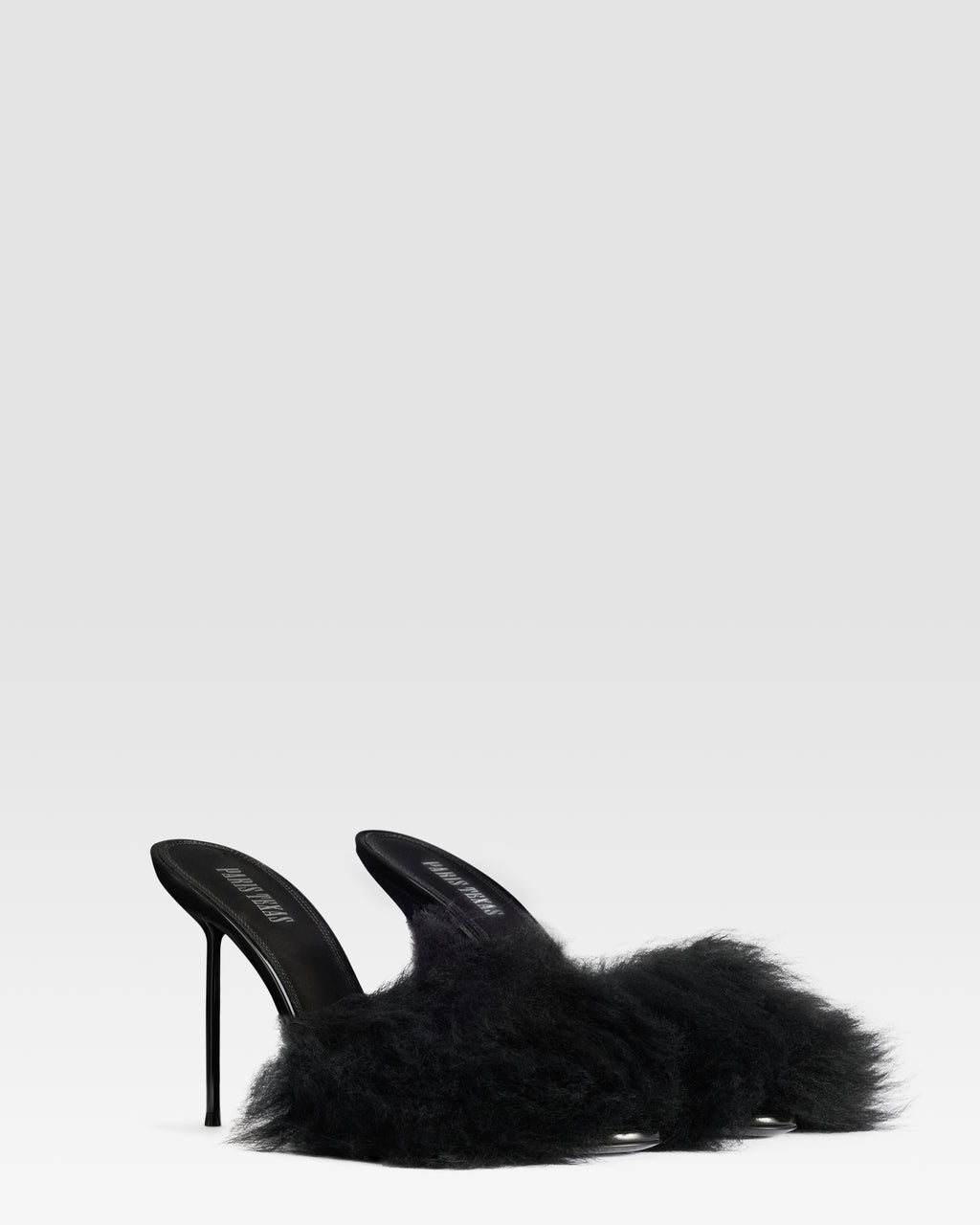 FURRY MULE IN SOFT FUR WITH PATENT LEATHER ACCENTS