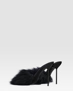 FURRY MULE IN SOFT FUR WITH PATENT LEATHER ACCENTS