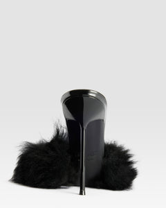 FURRY MULE IN SOFT FUR WITH PATENT LEATHER ACCENTS