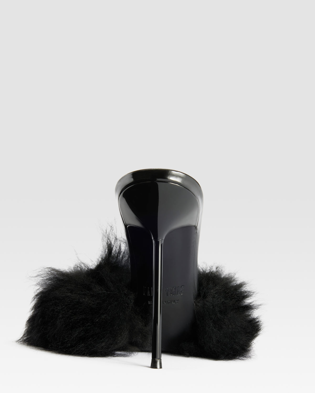 FURRY MULE IN SOFT FUR WITH PATENT LEATHER ACCENTS