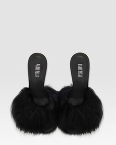 FURRY MULE IN SOFT FUR WITH PATENT LEATHER ACCENTS