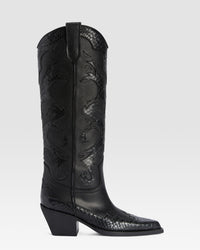 WESTERNSTIEFEL AUS LEDER MIT PYTHON-PRINT-STICKEREI — BLACK
