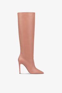 Pointed knee-high boots in smooth Texas pink leather