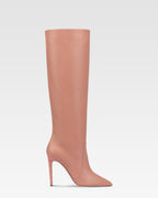 Spitz zulaufende, kniehohe Stiefel aus Glattleder in Texas Pink