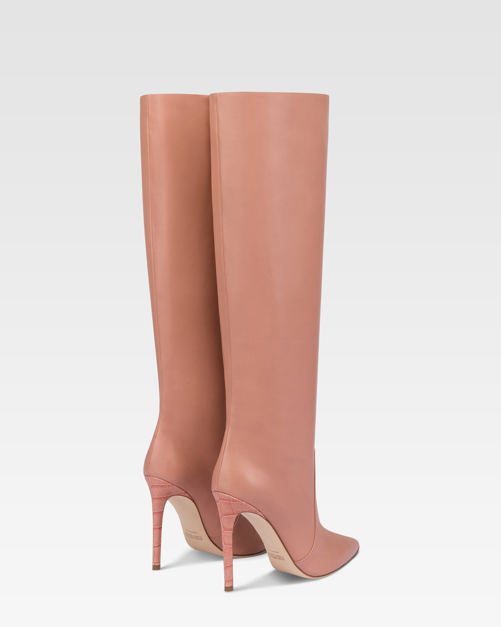 Botas hasta la rodilla de punta fina en piel lisa color rosa Texas