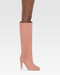 Spitz zulaufende, kniehohe Stiefel aus Glattleder in Texas Pink