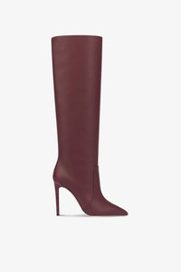 Pointed knee-high boots in smooth burgundy leather