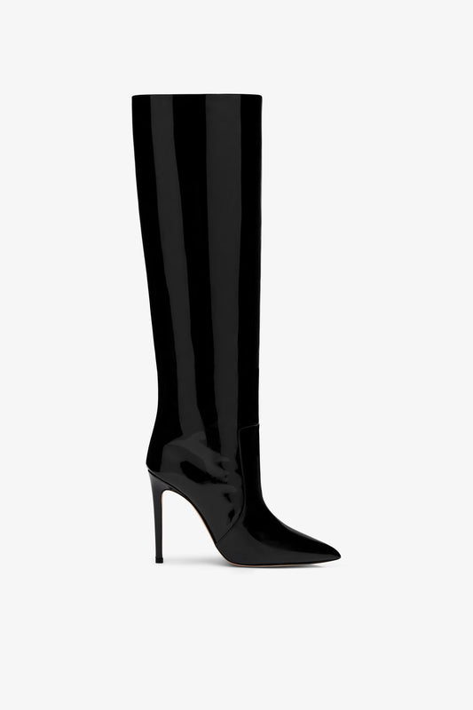 Black patent stiletto boots