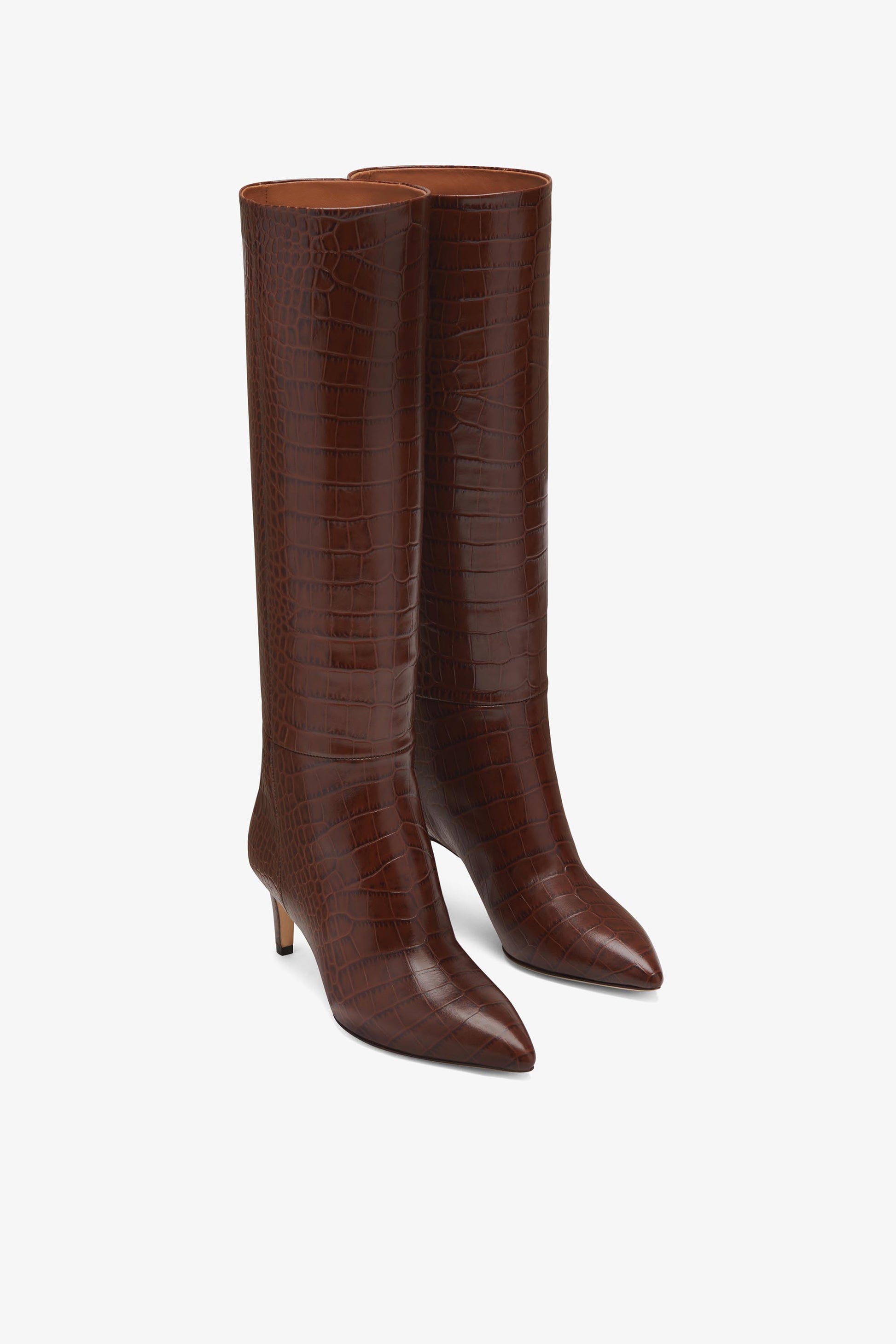 Chocolate brown croc-effect leather heel 60 boots