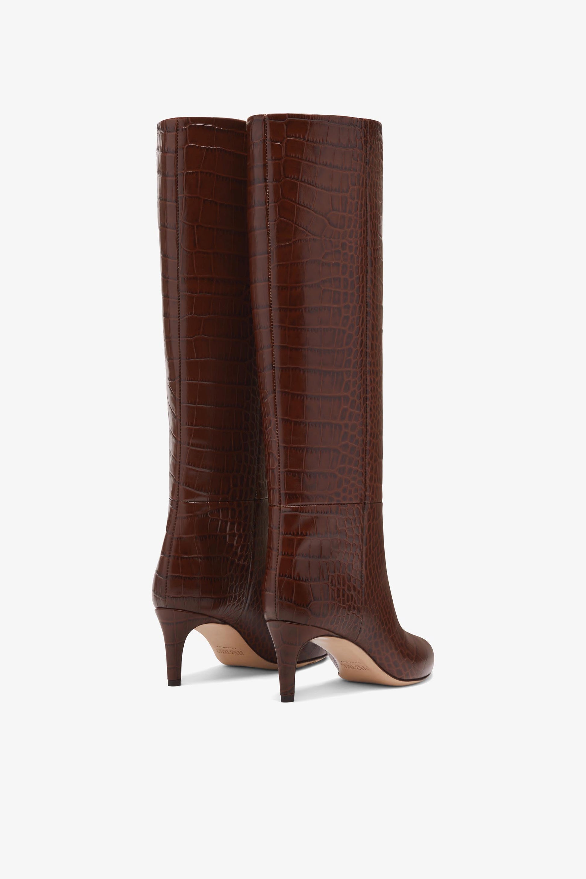 Stiefel mit 60-mm-Absatz aus schokobraunem Leder mit Kroko-Print