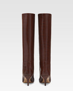 Stiefel mit 60-mm-Absatz aus schokobraunem Leder mit Kroko-Print