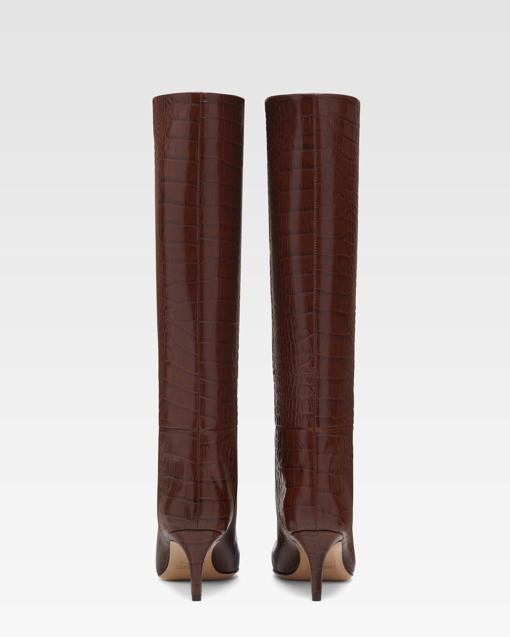 Stiefel mit 60-mm-Absatz aus schokobraunem Leder mit Kroko-Print