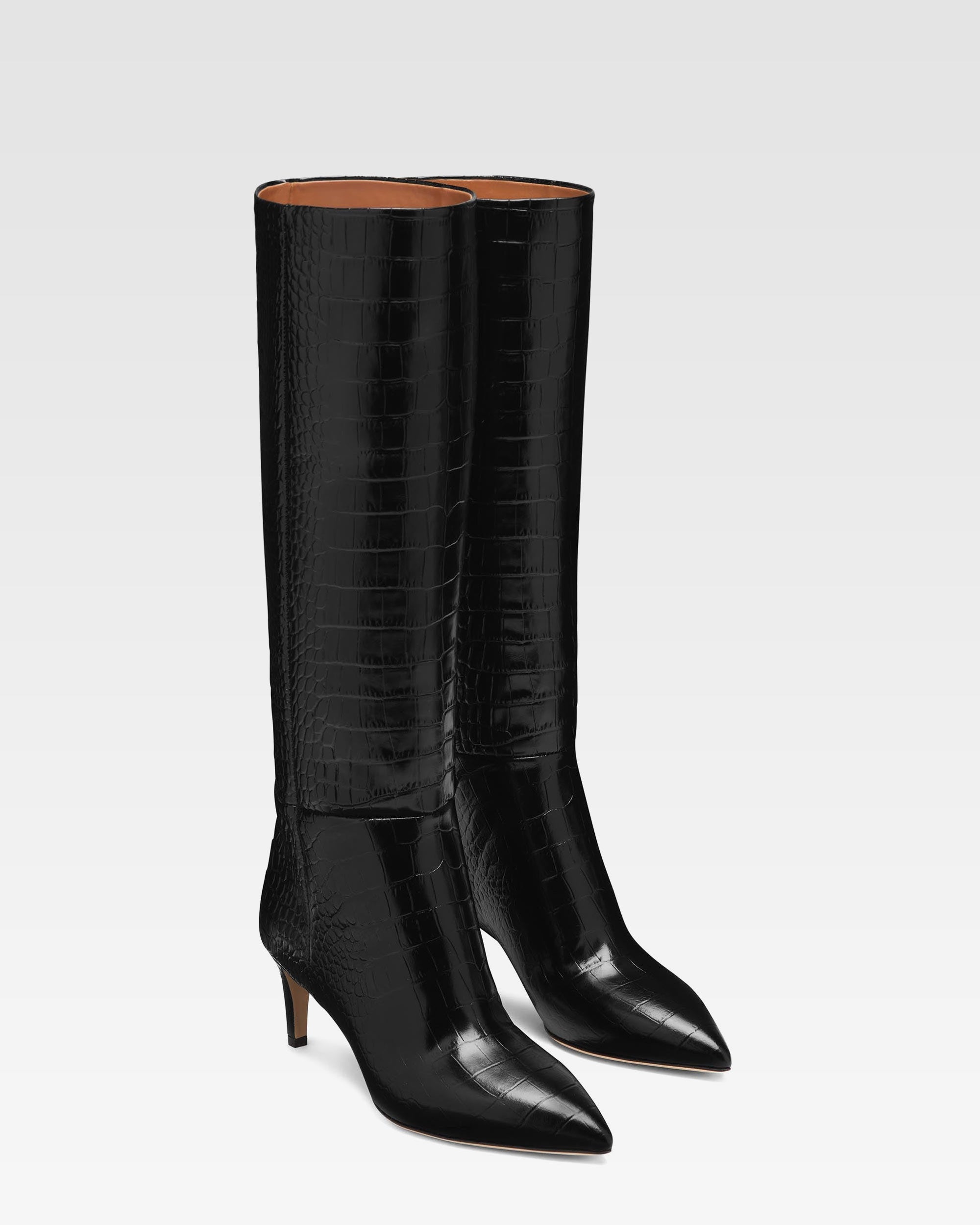 Schwarze Lederstiefel in Kroko-Optik mit 60 mm-Absatz